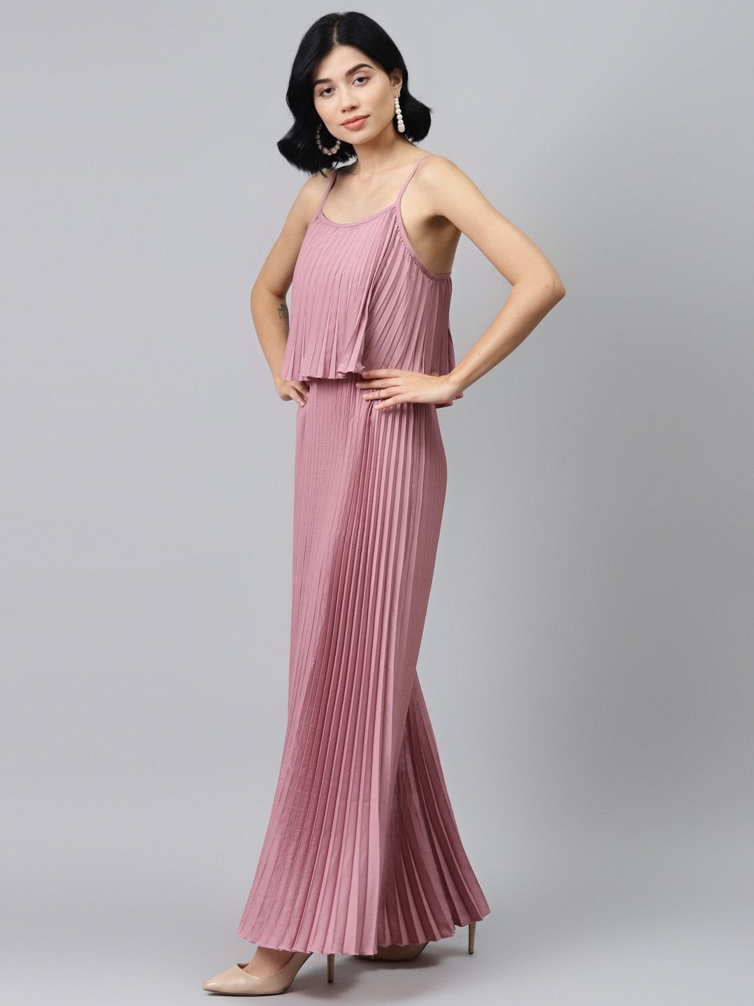 Women's Baked Pink Strappy Pleated Maxi Dress