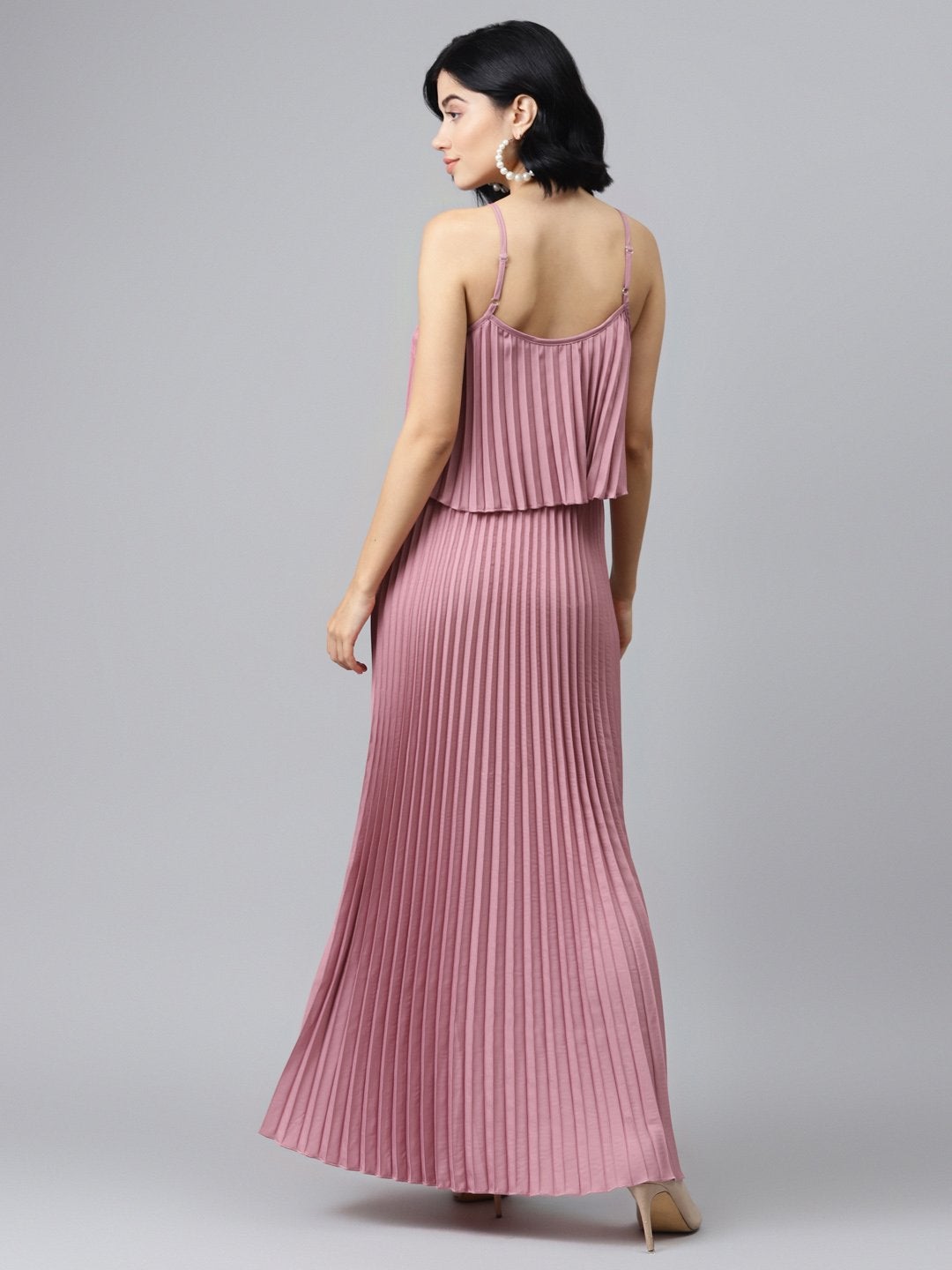 Women's Baked Pink Strappy Pleated Maxi Dress - SASSAFRAS