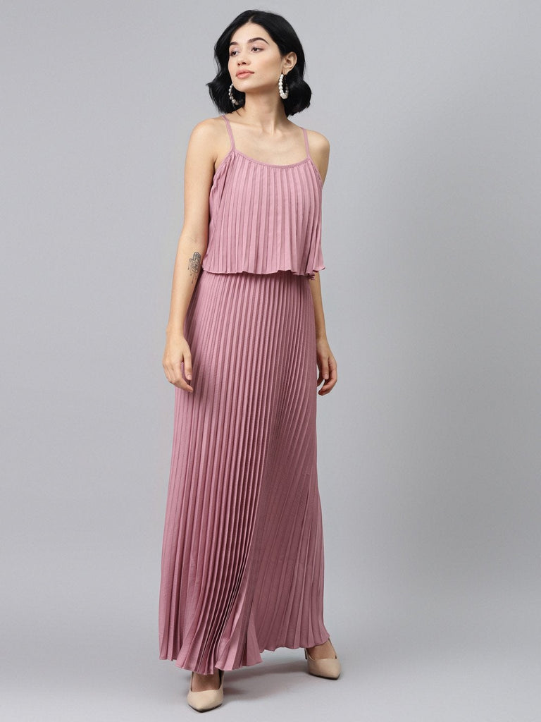 Women's Baked Pink Strappy Pleated Maxi Dress