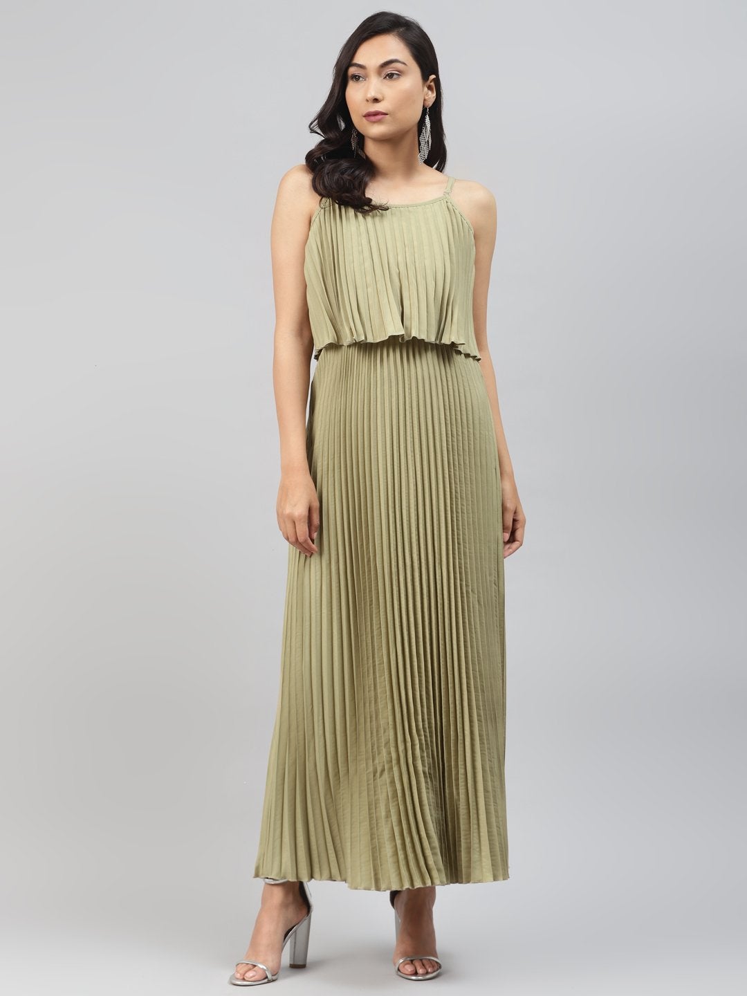 Women's Olive Strappy Pleated Maxi Dress - SASSAFRAS