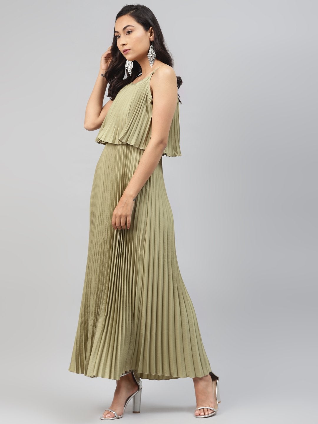 Women's Olive Strappy Pleated Maxi Dress - SASSAFRAS