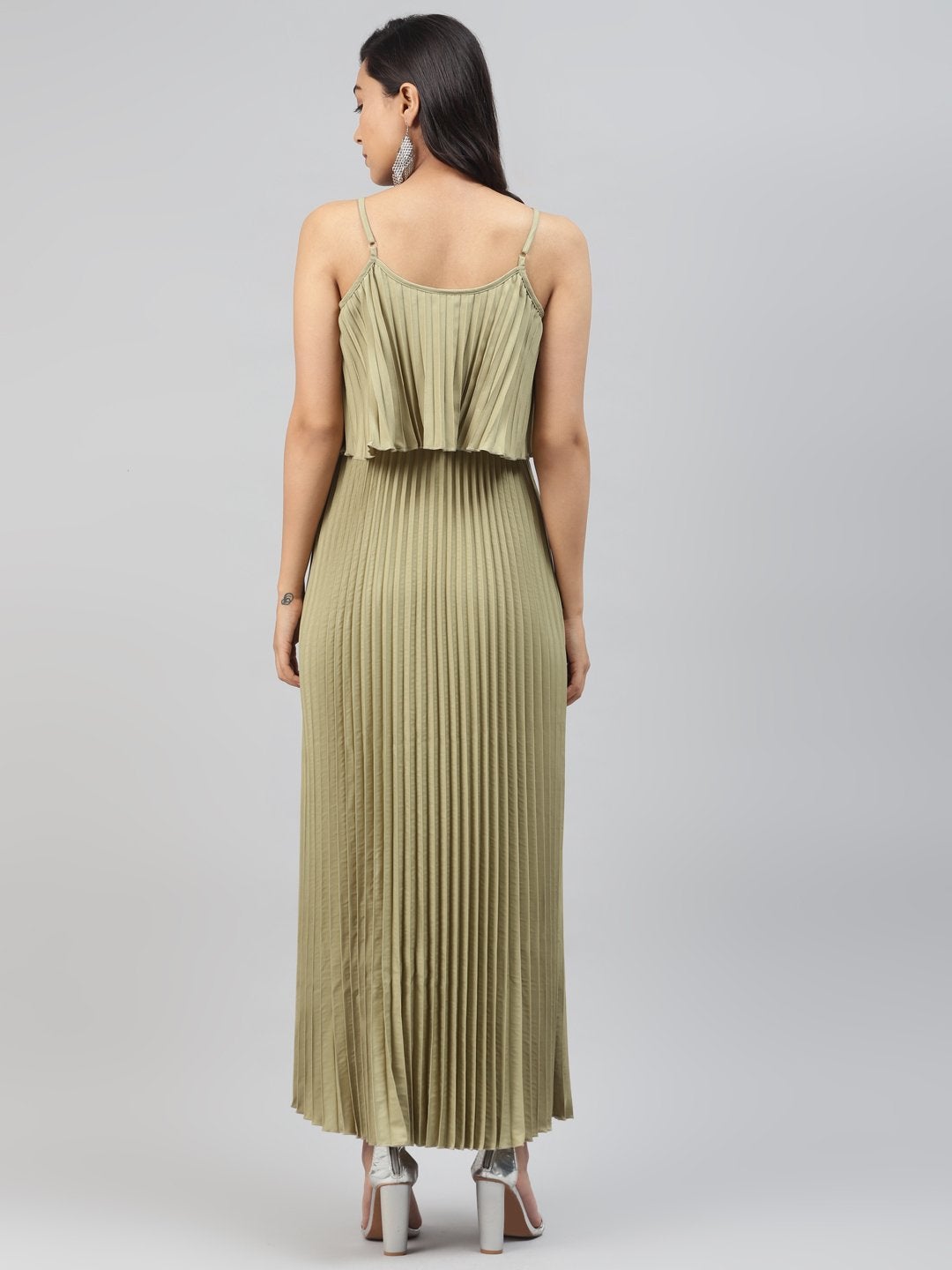 Women's Olive Strappy Pleated Maxi Dress - SASSAFRAS