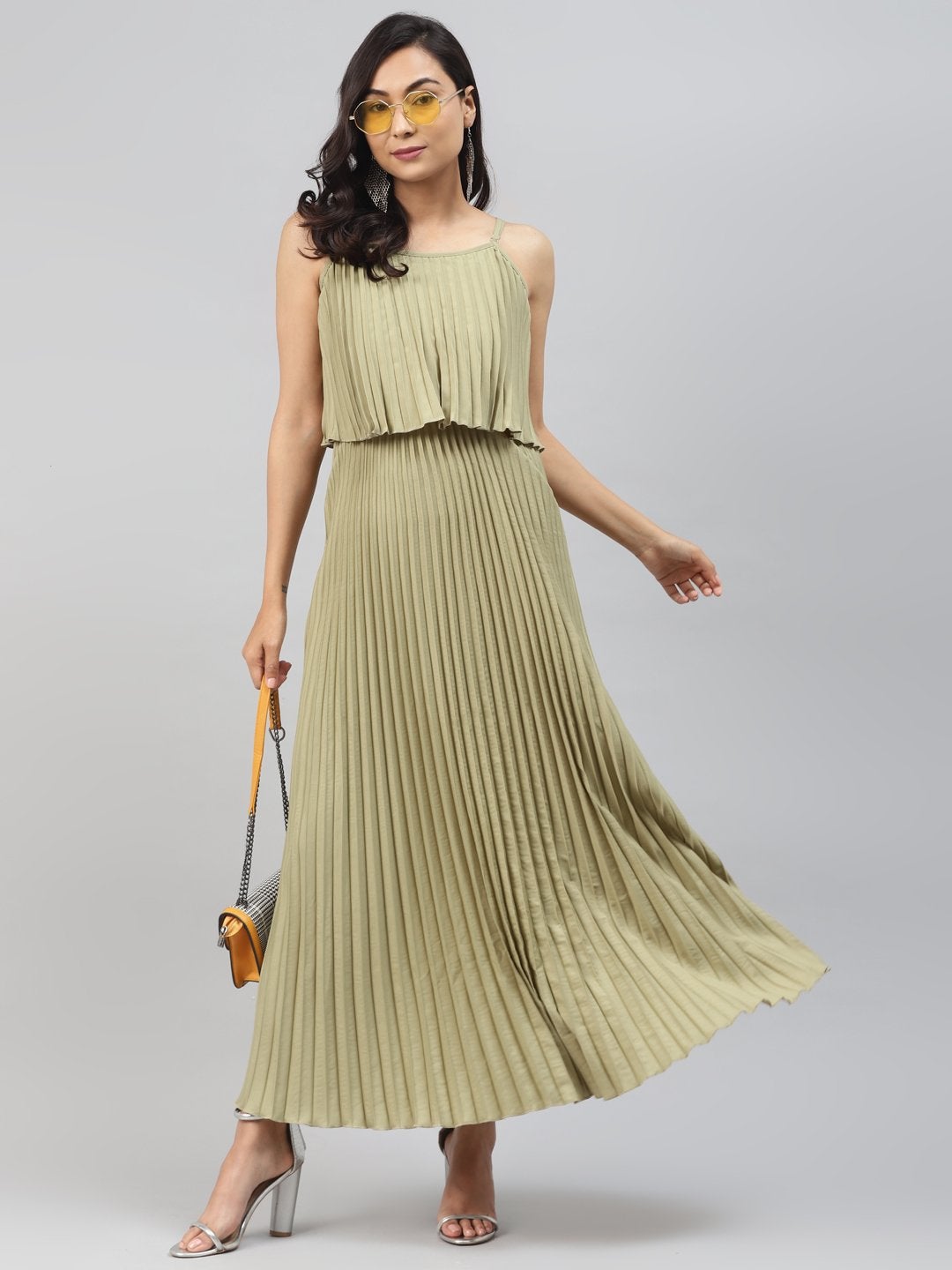 Women's Olive Strappy Pleated Maxi Dress - SASSAFRAS