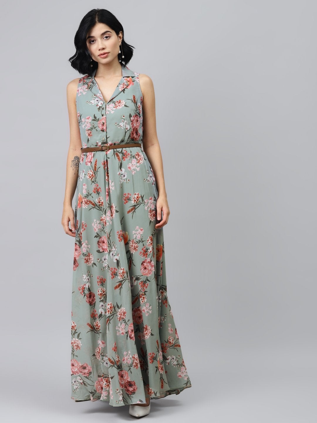 Women's Olive Floral Notch Collar Maxi Dress - SASSAFRAS