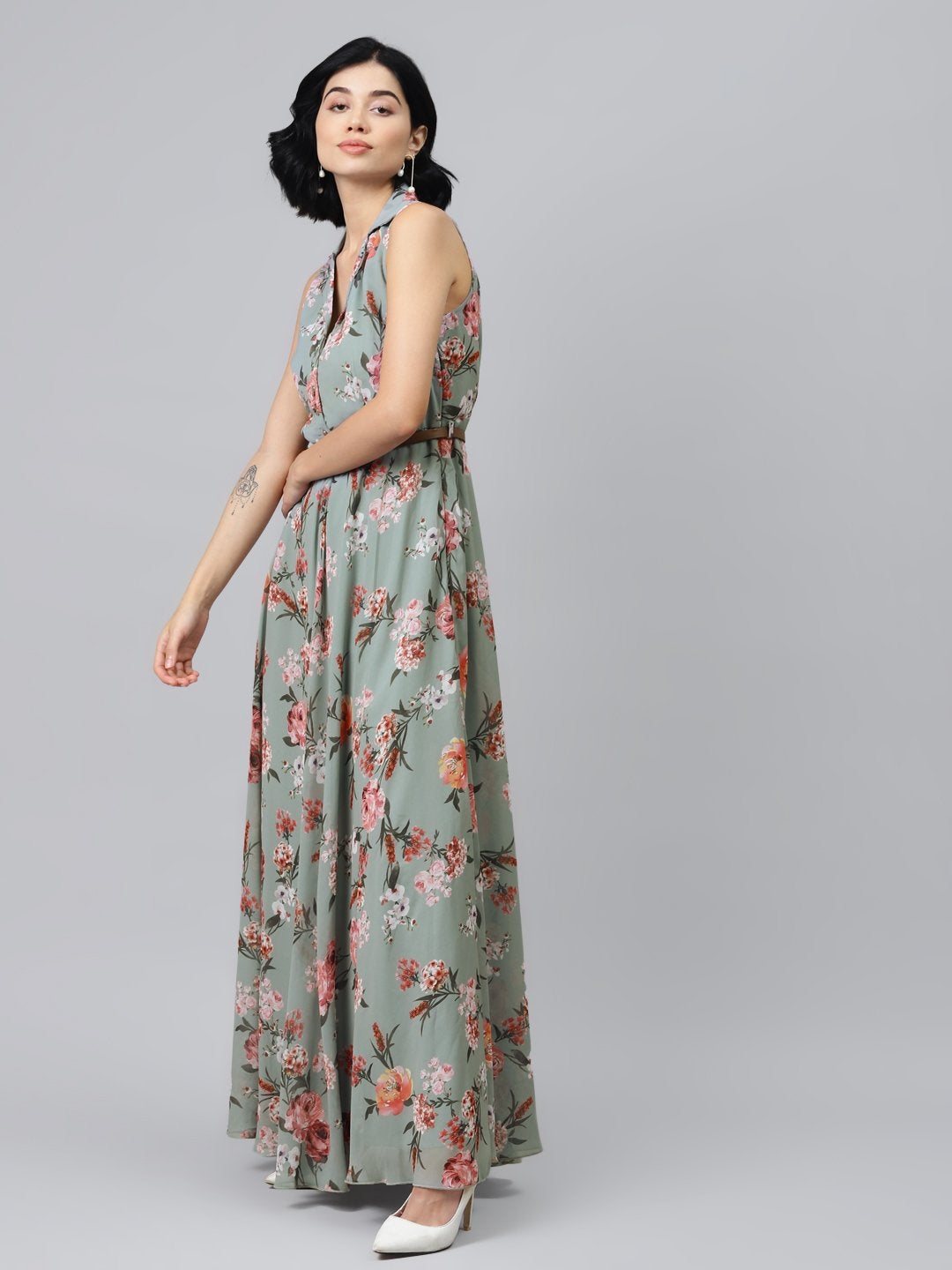 Women's Olive Floral Notch Collar Maxi Dress - SASSAFRAS