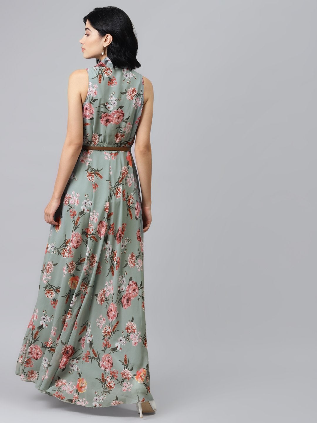 Women's Olive Floral Notch Collar Maxi Dress - SASSAFRAS