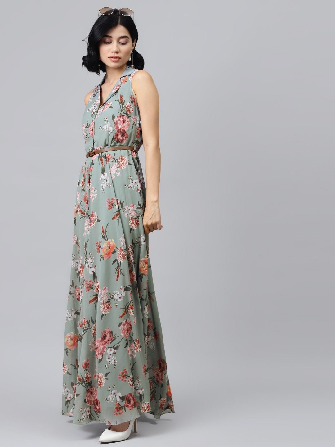 Women's Olive Floral Notch Collar Maxi Dress - SASSAFRAS