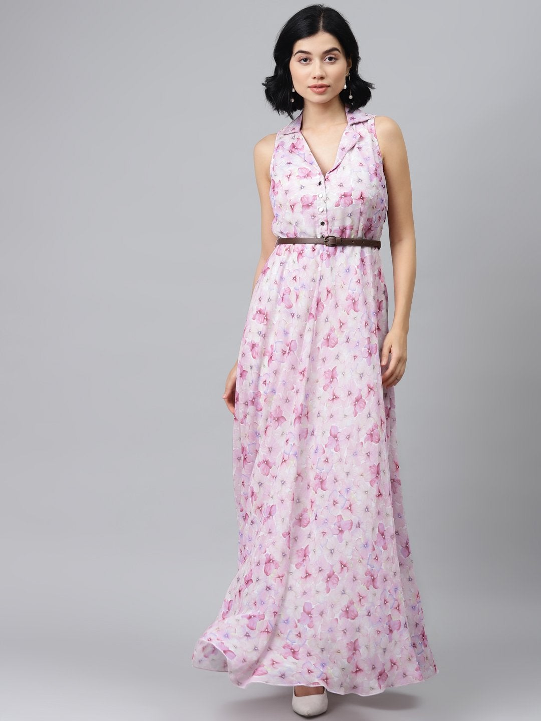 Women's Pink Floral Notch Collar Maxi Dress - SASSAFRAS