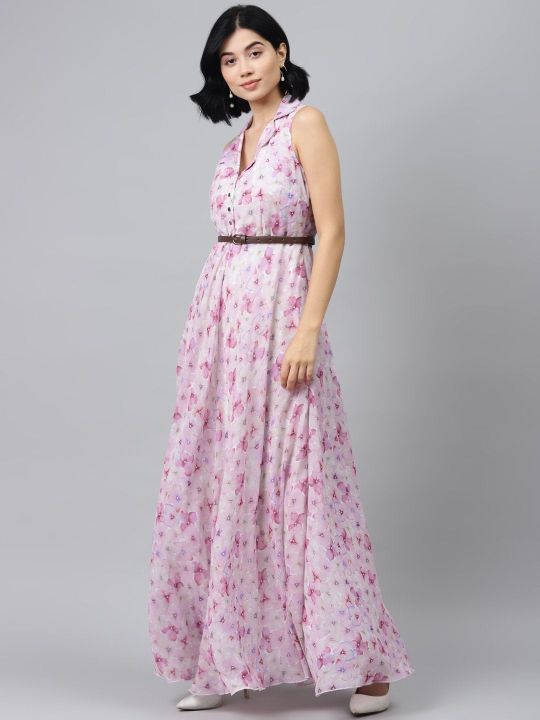 Women's Pink Floral Notch Collar Maxi Dress - SASSAFRAS