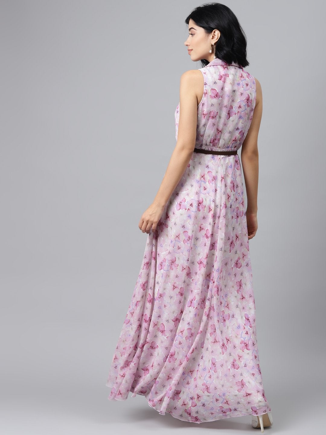 Women's Pink Floral Notch Collar Maxi Dress - SASSAFRAS