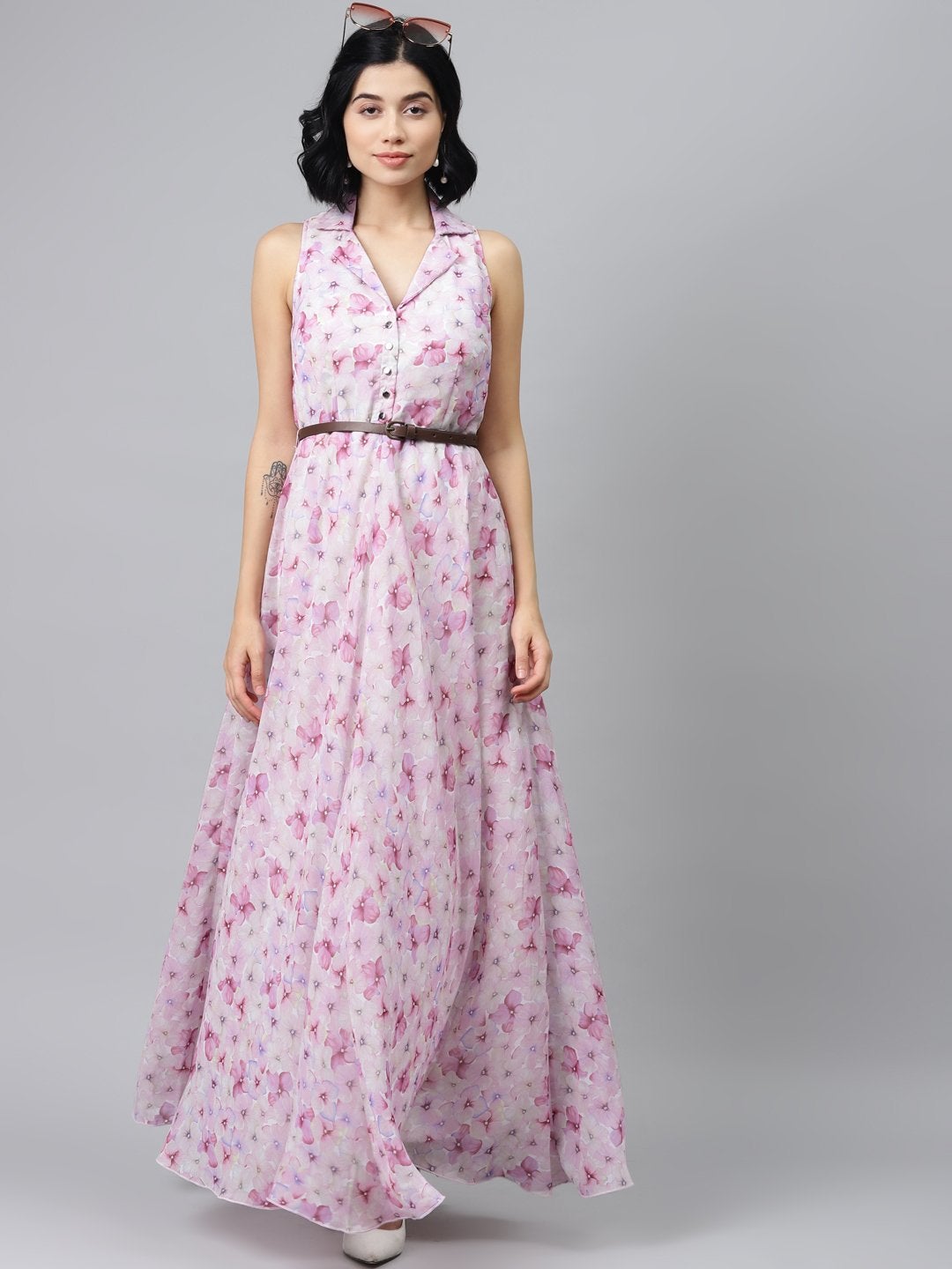 Women's Pink Floral Notch Collar Maxi Dress - SASSAFRAS