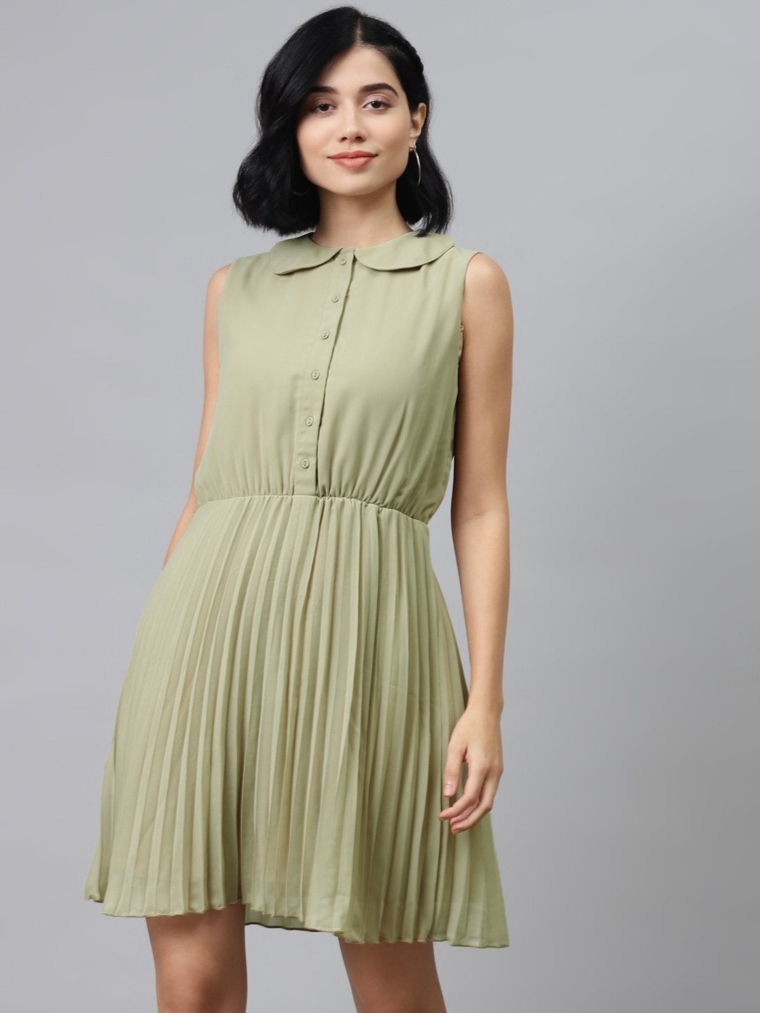 Women's Olive Peterpan Sleeveless Pleated Belted Dress - SASSAFRAS