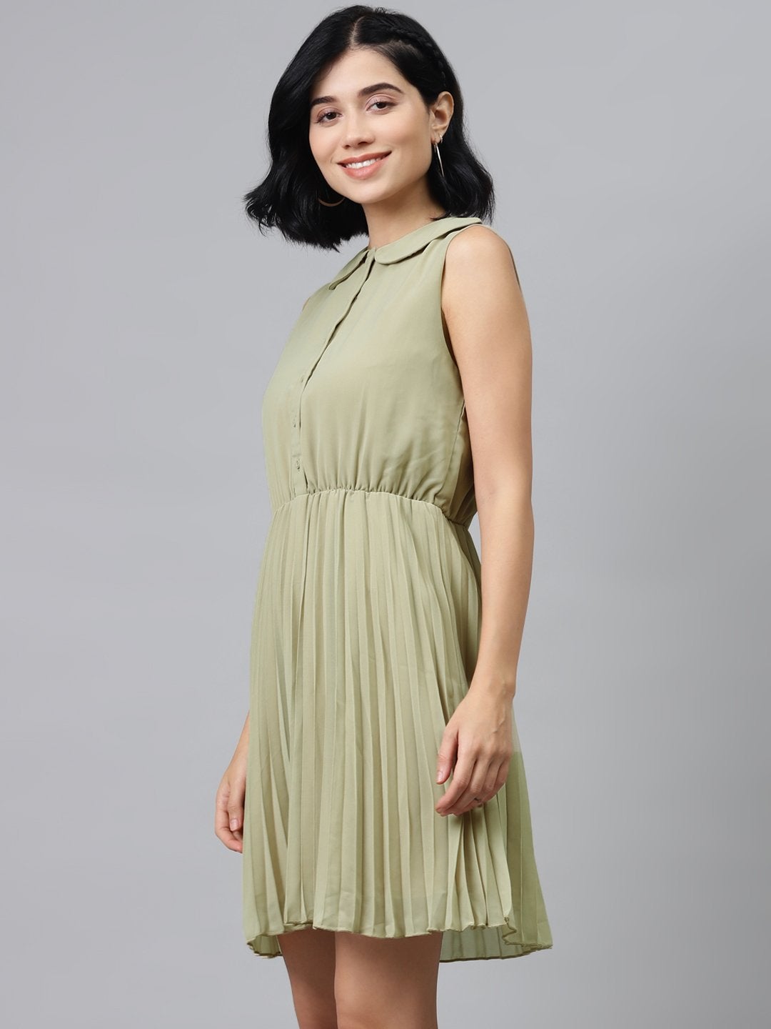 Women's Olive Peterpan Sleeveless Pleated Belted Dress - SASSAFRAS