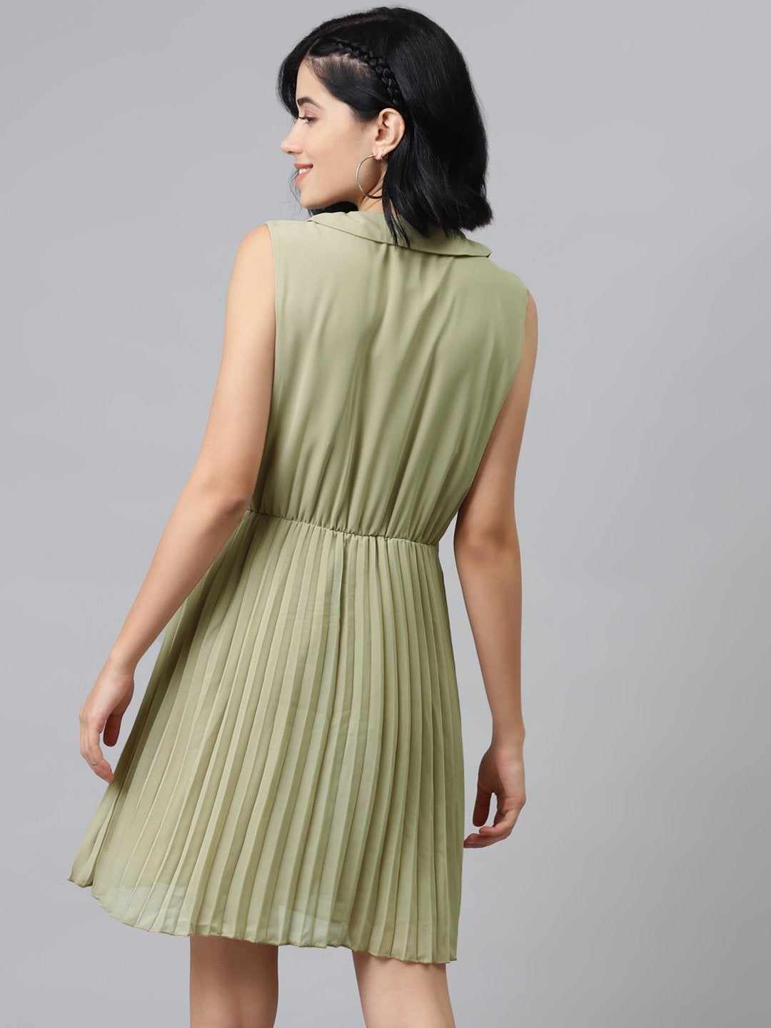 Women's Olive Peterpan Sleeveless Pleated Belted Dress - SASSAFRAS