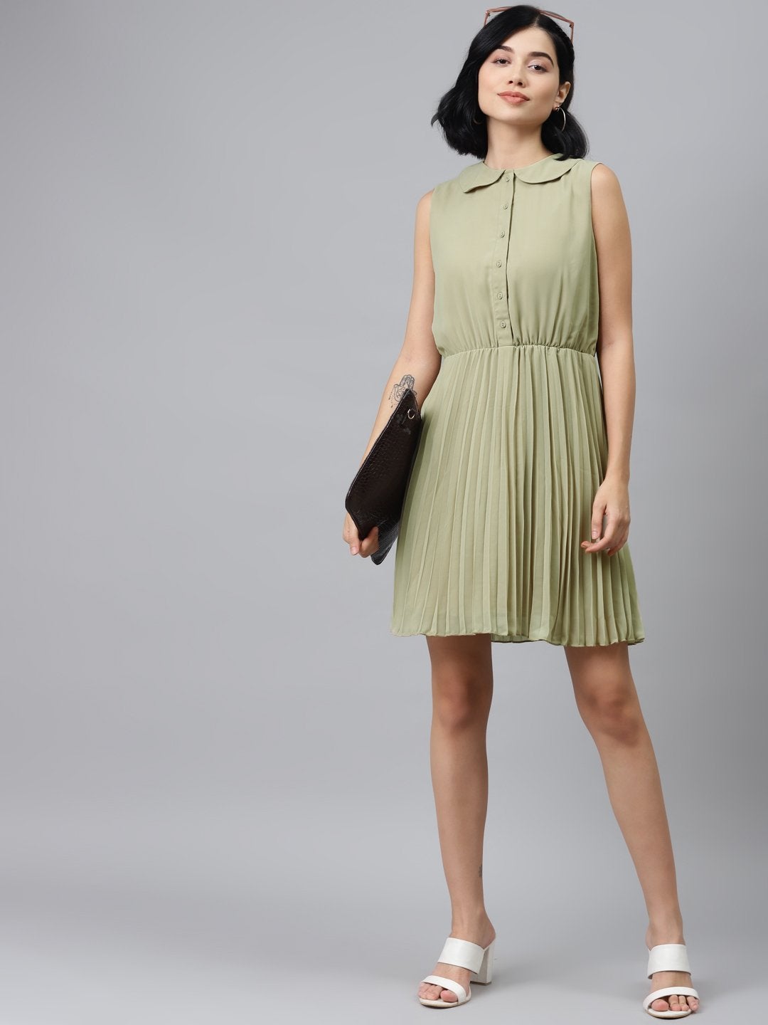 Women's Olive Peterpan Sleeveless Pleated Belted Dress - SASSAFRAS