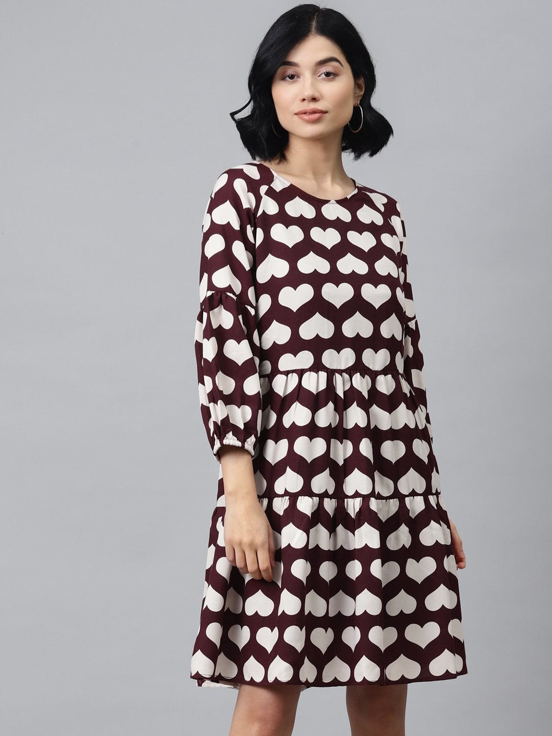 Women's Maroon Heart Print Tiered Dress - SASSAFRAS