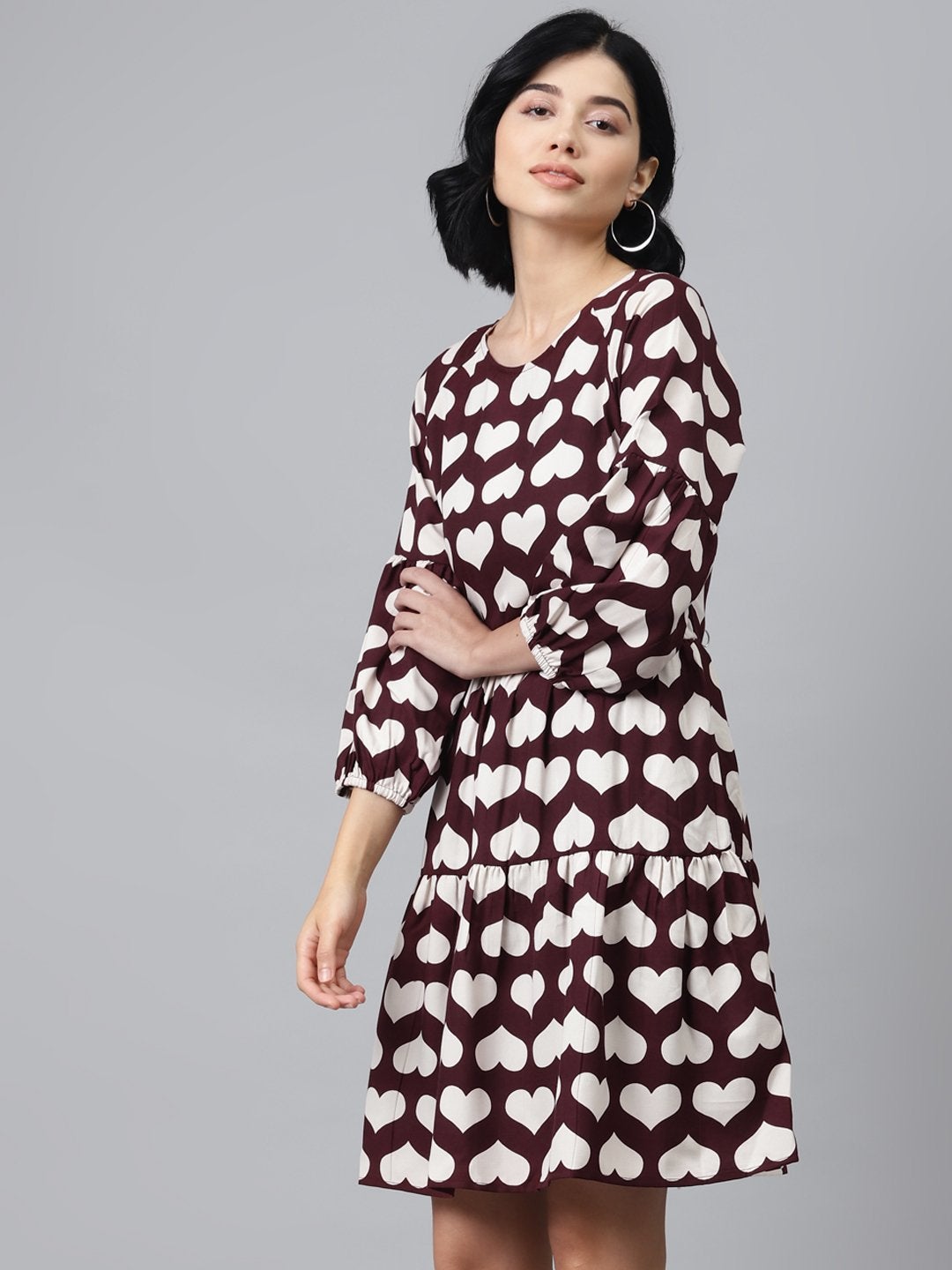 Women's Maroon Heart Print Tiered Dress - SASSAFRAS