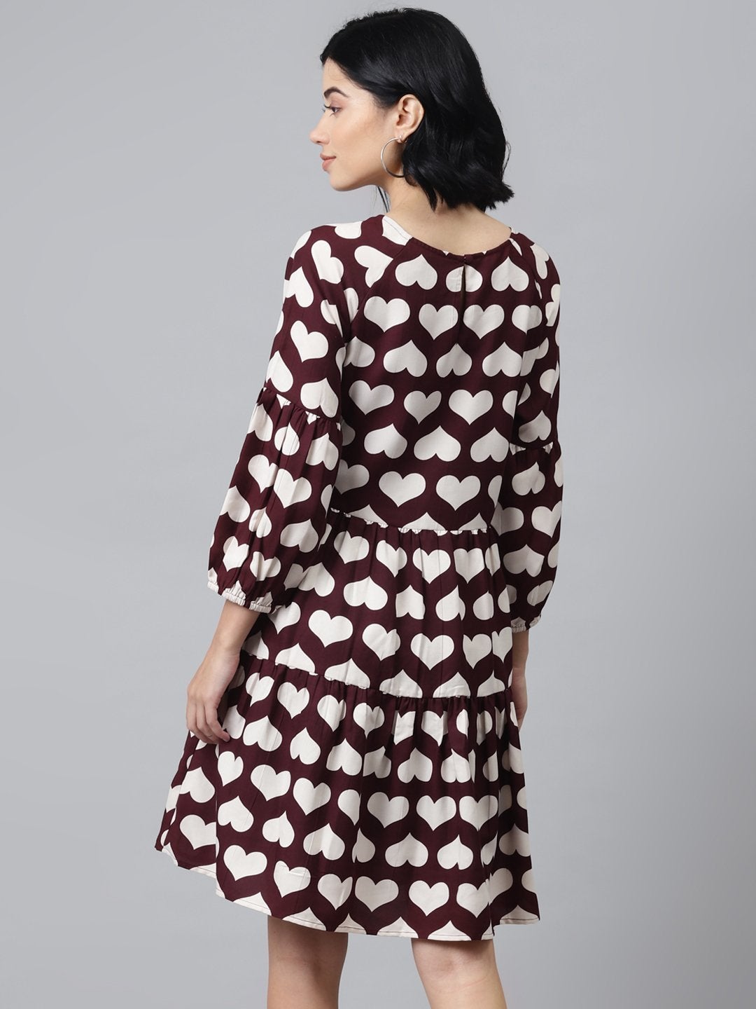 Women's Maroon Heart Print Tiered Dress - SASSAFRAS