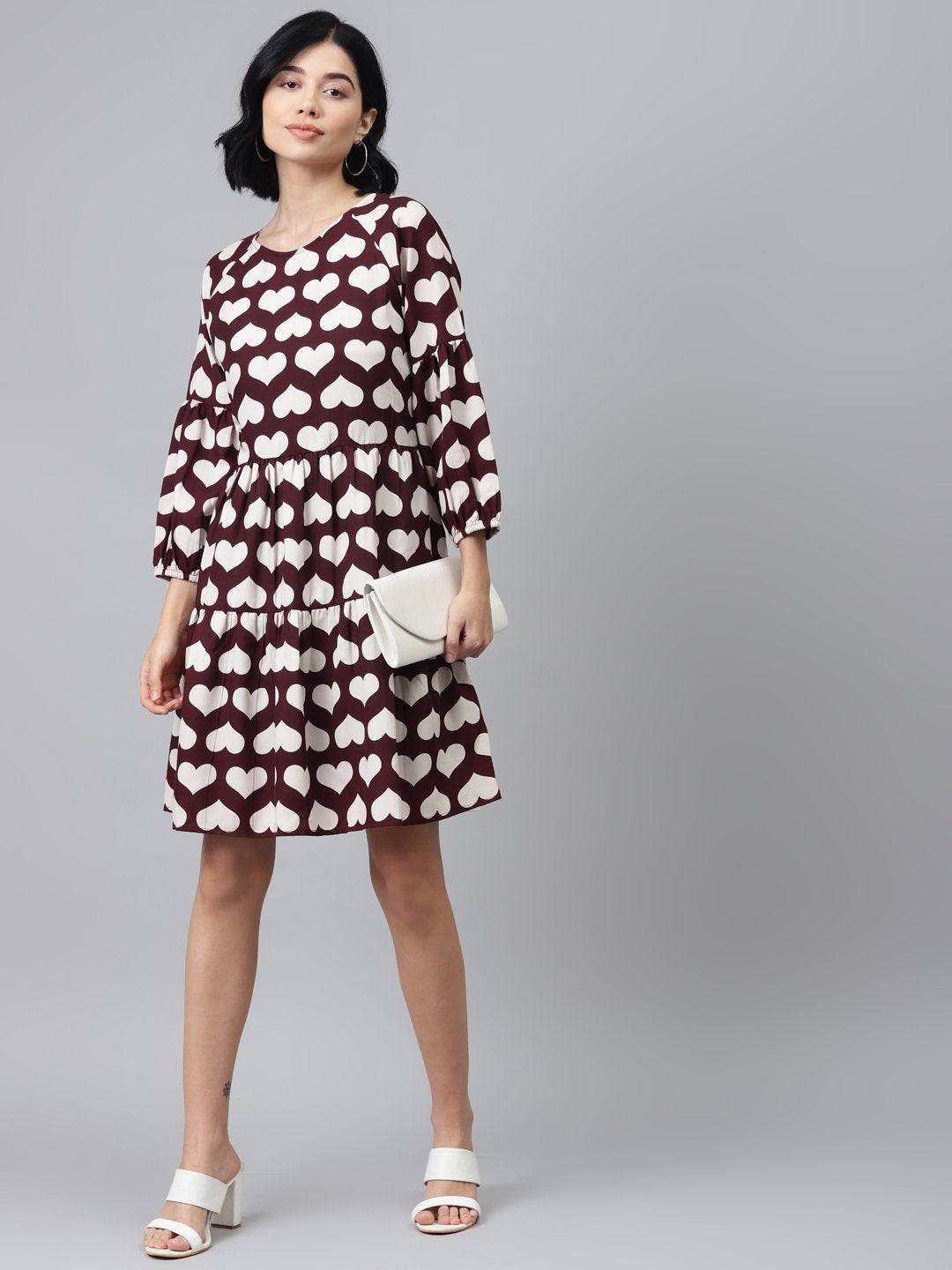 Women's Maroon Heart Print Tiered Dress - SASSAFRAS