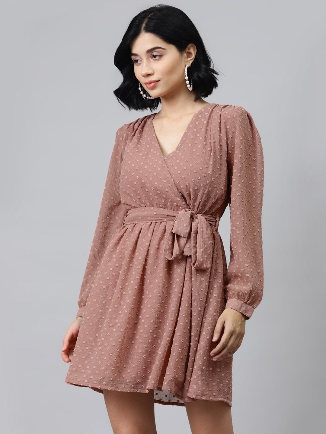 Women's Dusty Pink Wrap Full Sleeves Dress - SASSAFRAS