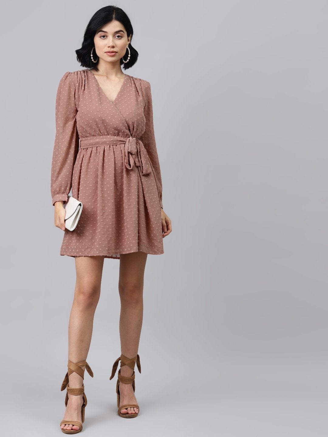 Women's Dusty Pink Wrap Full Sleeves Dress - SASSAFRAS