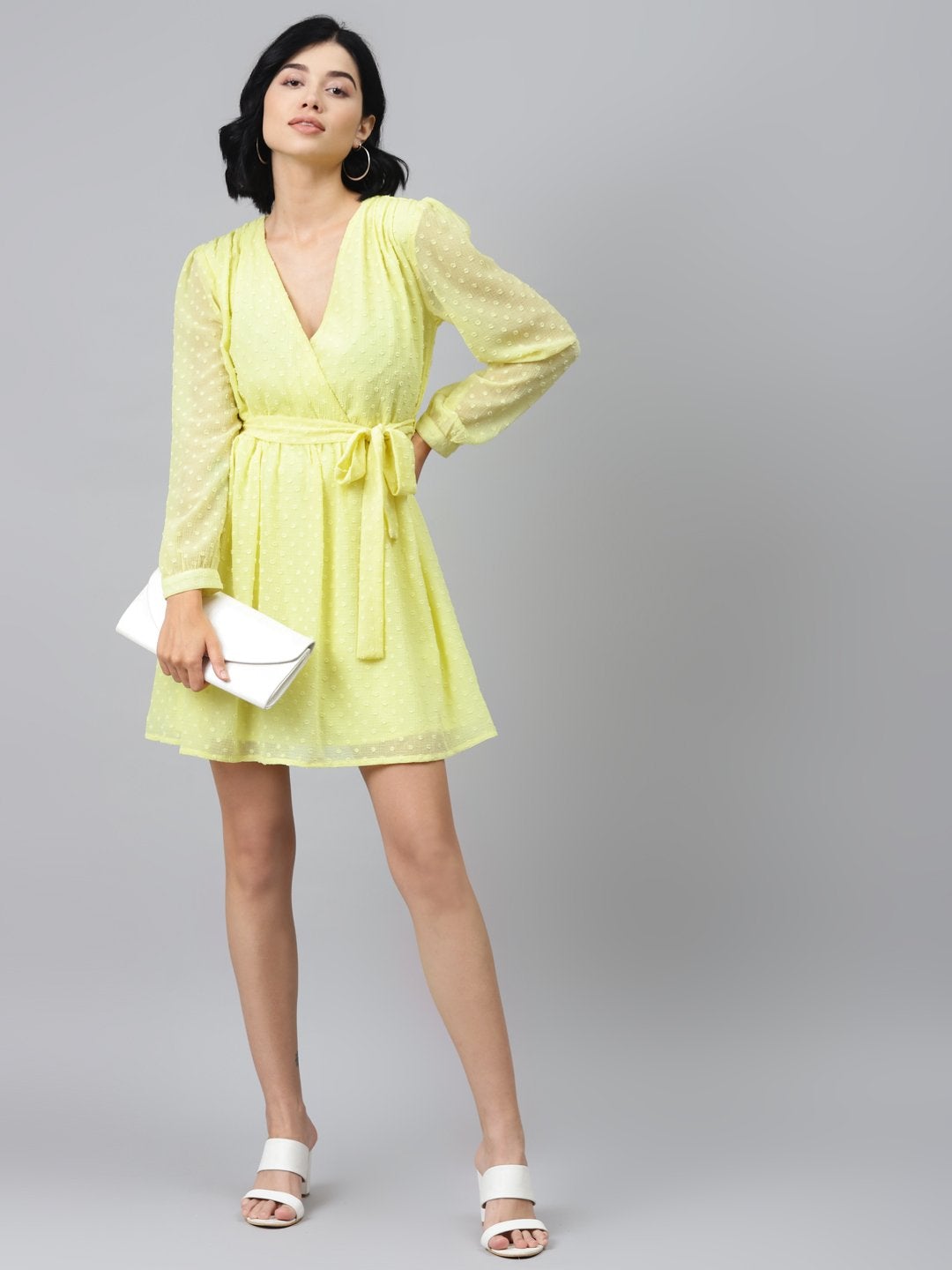 Women's Yellow Wrap Full Sleeves Dress - SASSAFRAS