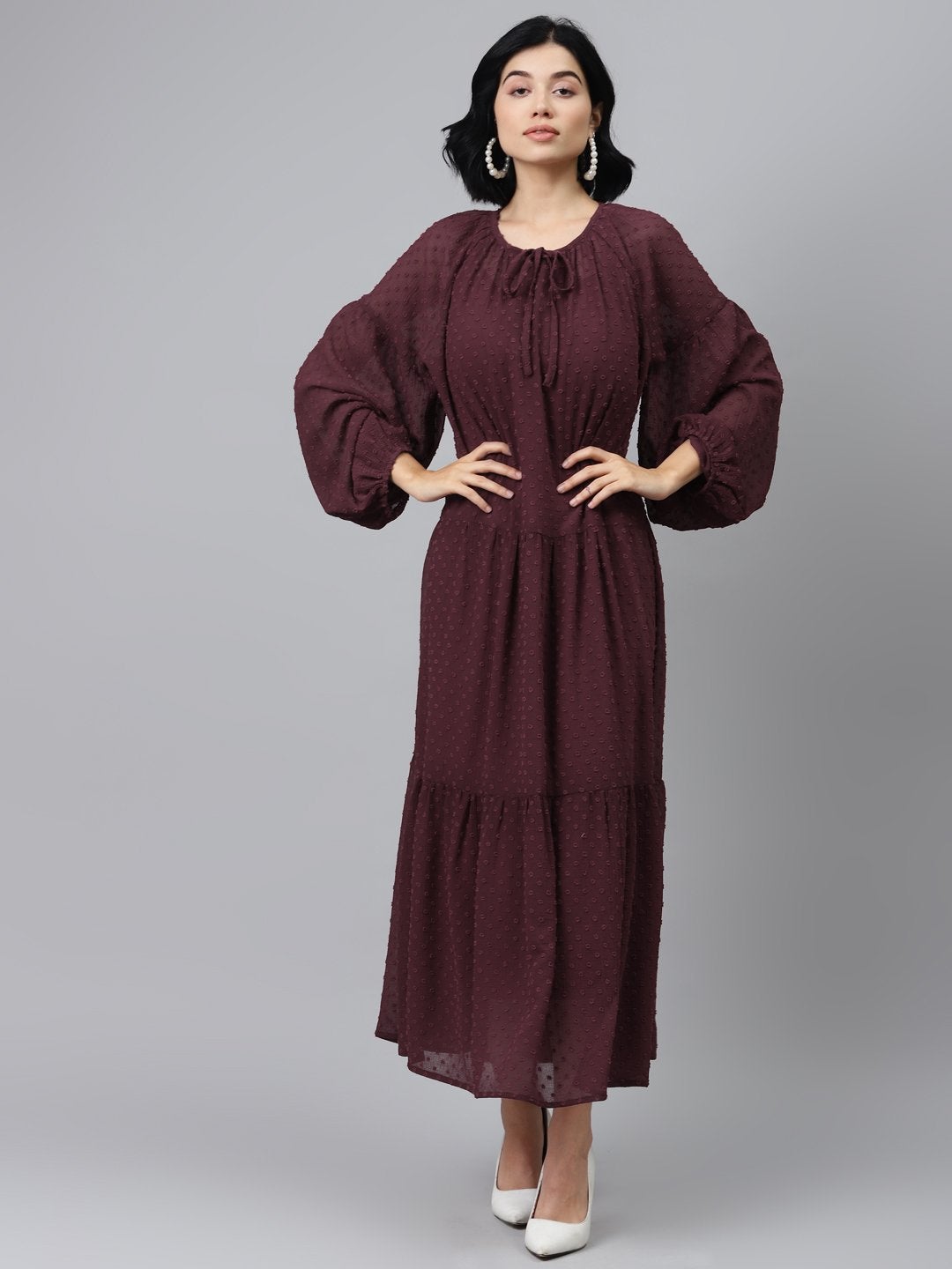 Women's Burgundy Tiered Maxi Dress With Inner - SASSAFRAS