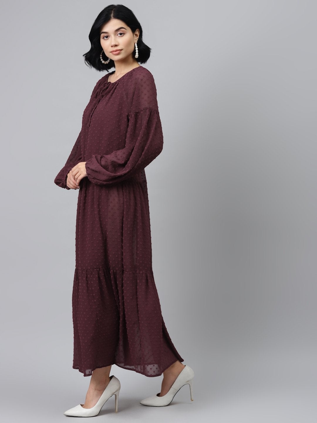 Women's Burgundy Tiered Maxi Dress With Inner - SASSAFRAS