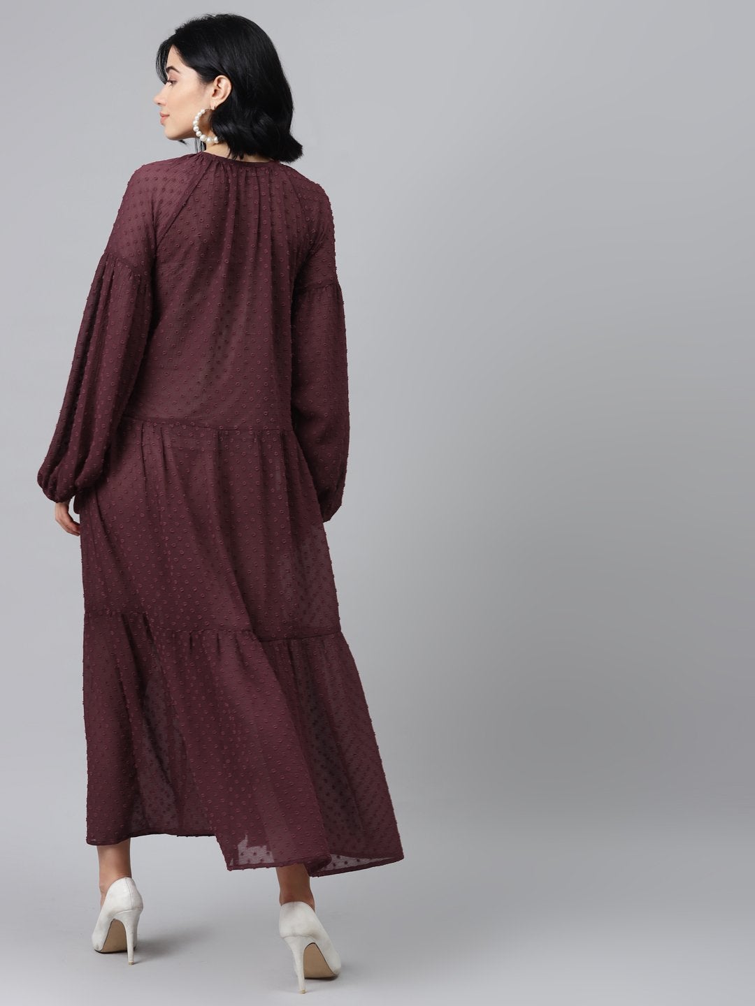 Women's Burgundy Tiered Maxi Dress With Inner - SASSAFRAS