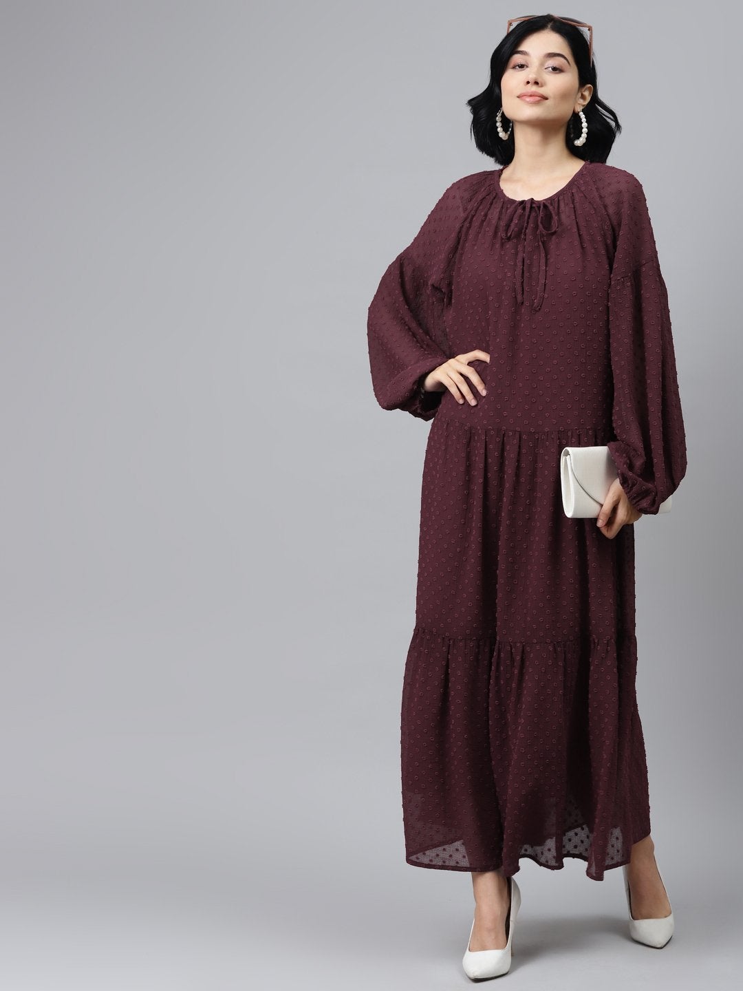 Women's Burgundy Tiered Maxi Dress With Inner - SASSAFRAS