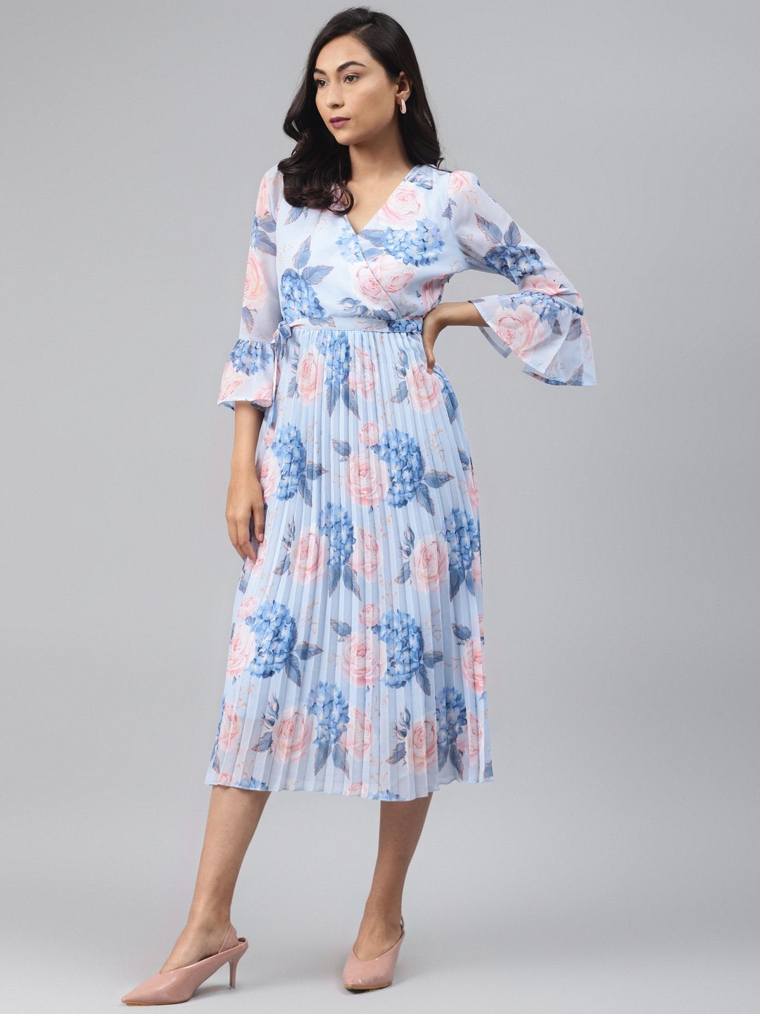 Women's Light Blue Floral Pleated Midi Dress - SASSAFRAS