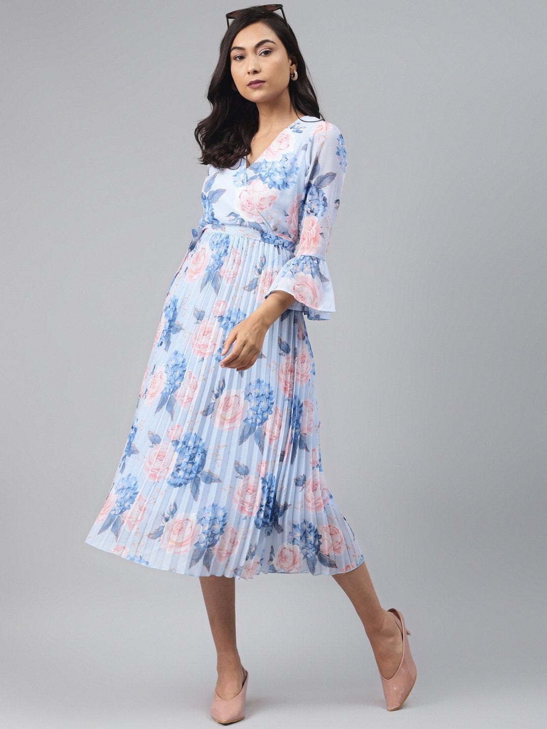 Women's Light Blue Floral Pleated Midi Dress - SASSAFRAS