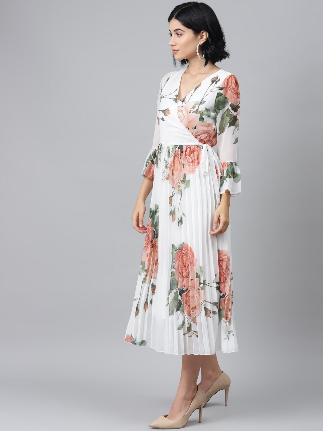 Women's White Floral Pleated Midi Dress - SASSAFRAS