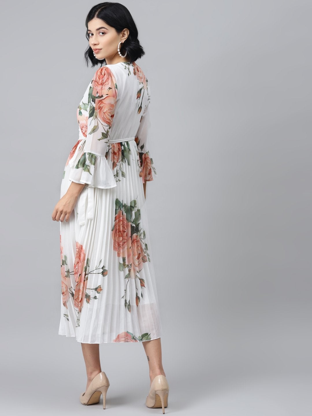 Women's White Floral Pleated Midi Dress - SASSAFRAS