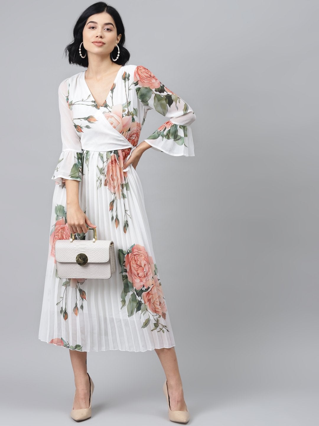 Women's White Floral Pleated Midi Dress - SASSAFRAS