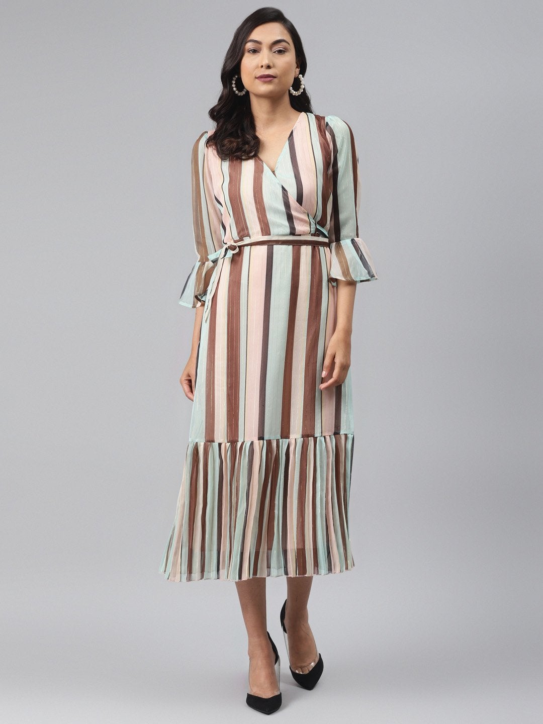 Women's Multi Stripe Lurex Pleated Midi Dress - SASSAFRAS