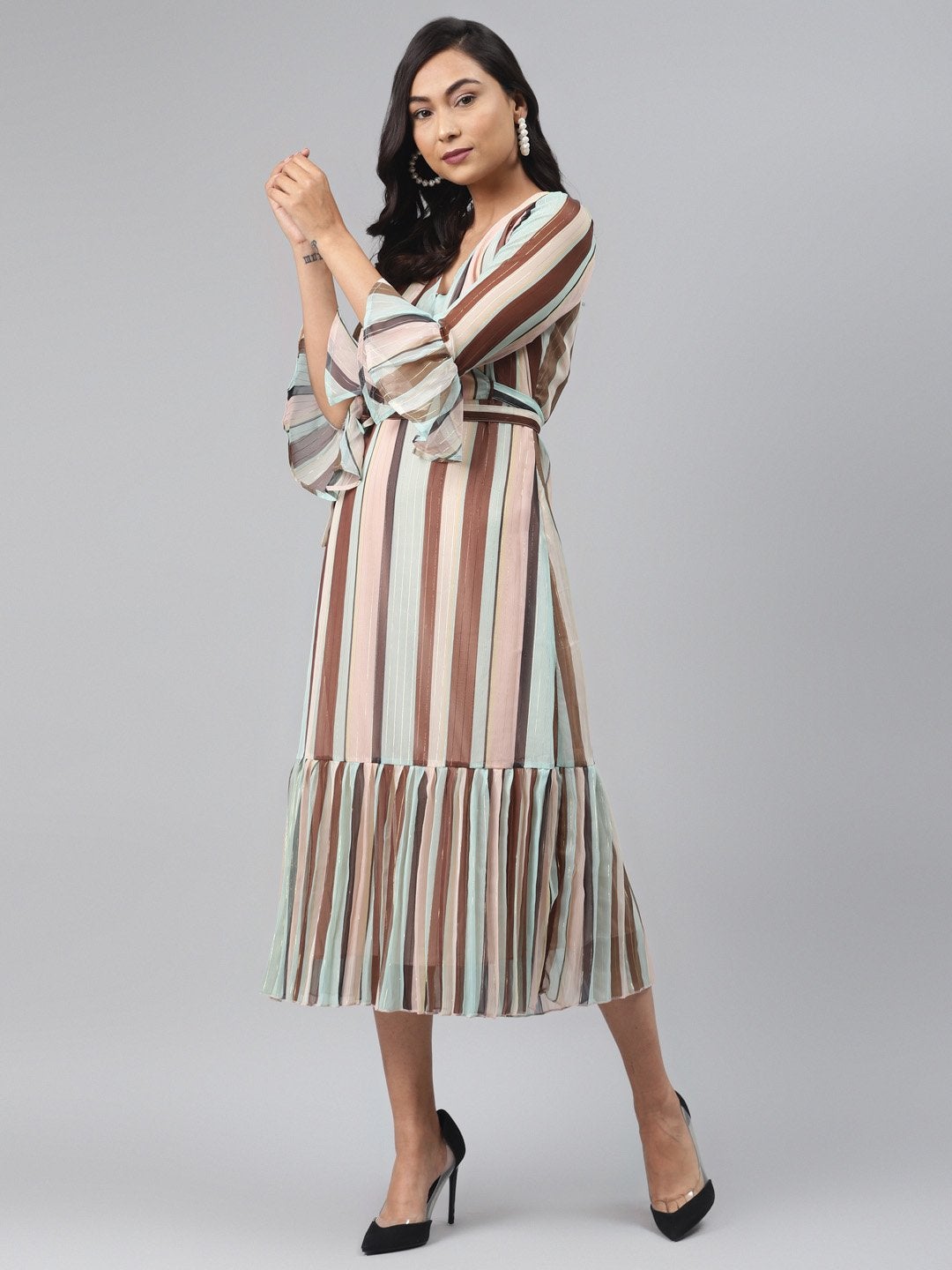 Women's Multi Stripe Lurex Pleated Midi Dress - SASSAFRAS