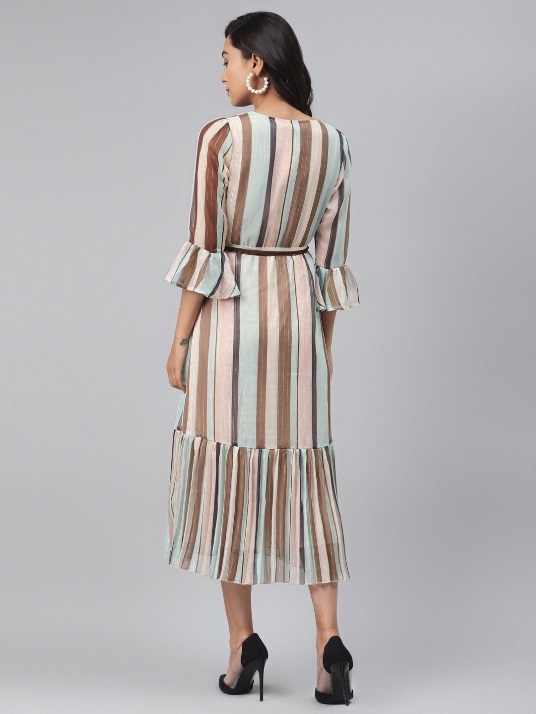 Women's Multi Stripe Lurex Pleated Midi Dress - SASSAFRAS