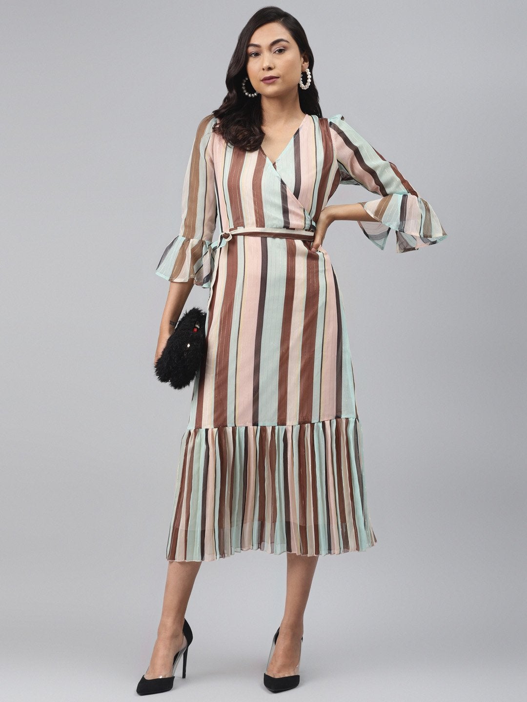 Women's Multi Stripe Lurex Pleated Midi Dress - SASSAFRAS