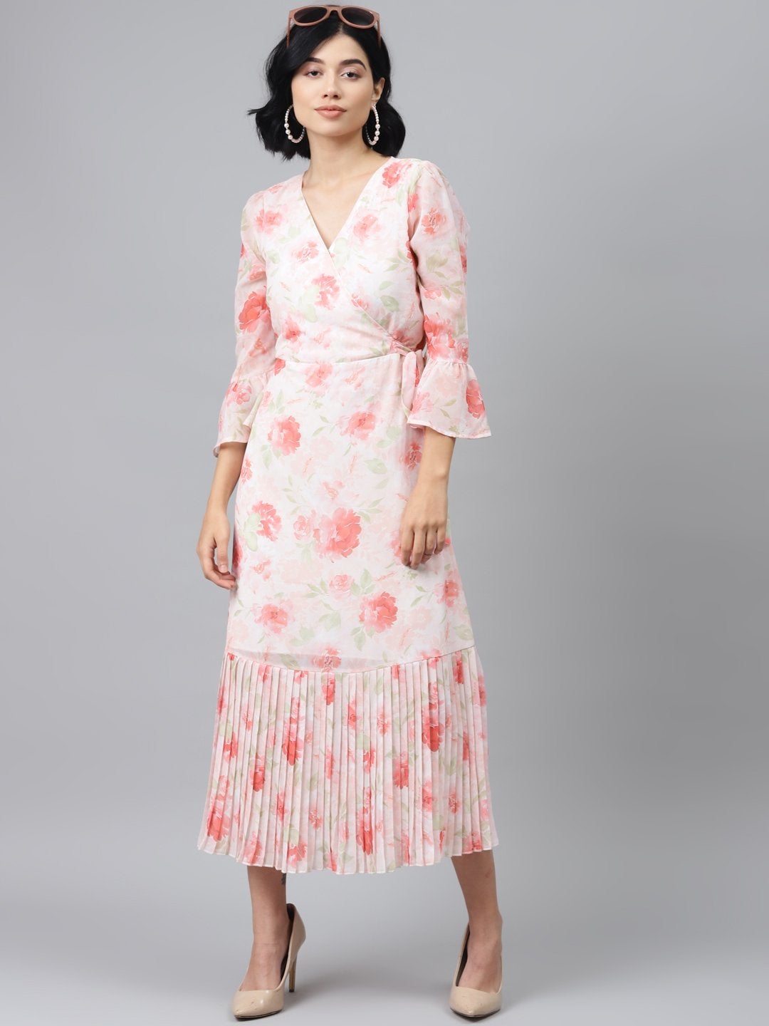 Women's Light Pink Floral Pleated Midi Dress - SASSAFRAS