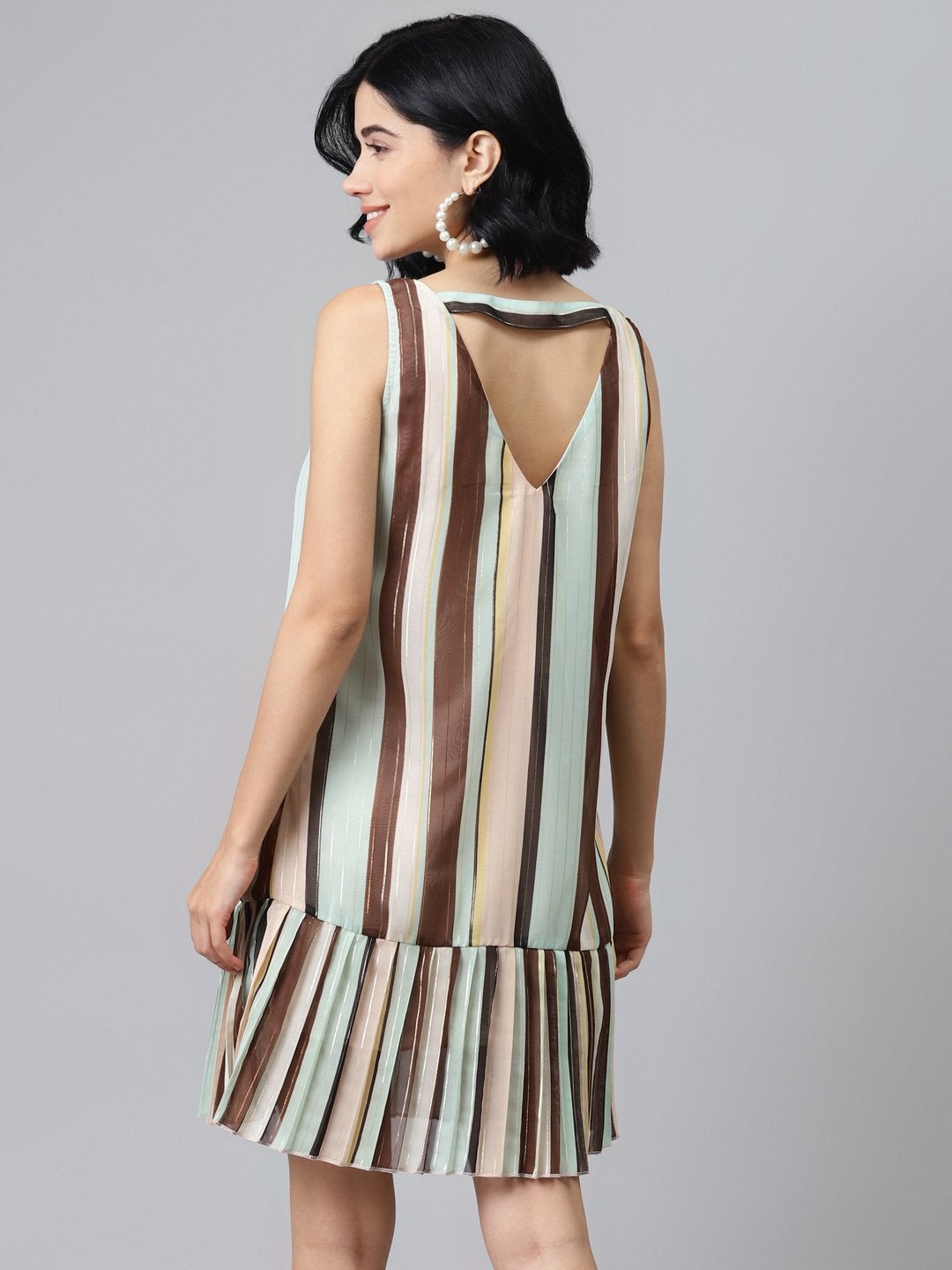 Women's Multi Striped Lurex Pleated Dress - SASSAFRAS