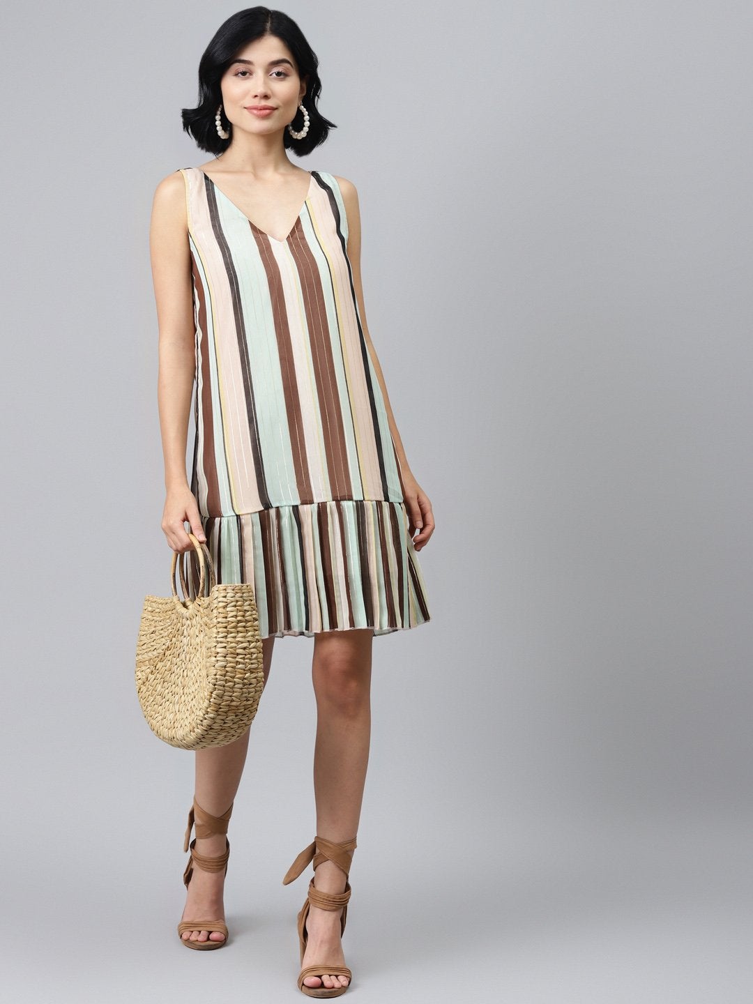 Women's Multi Striped Lurex Pleated Dress - SASSAFRAS