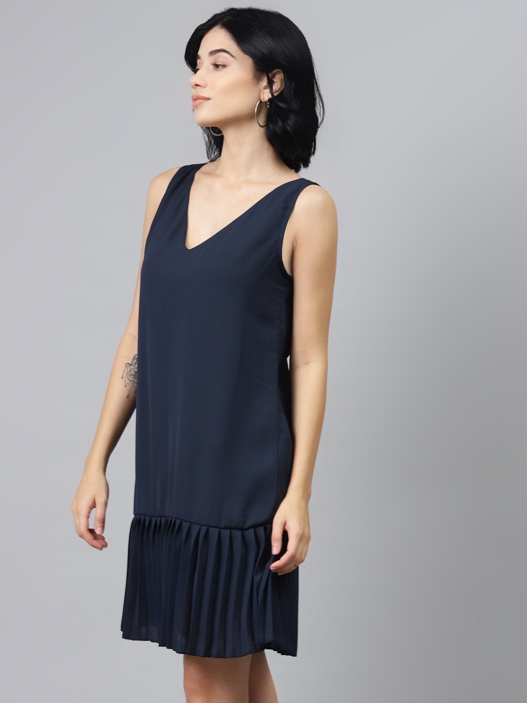 Women's Navy Pleated Frill Hem Dress - SASSAFRAS