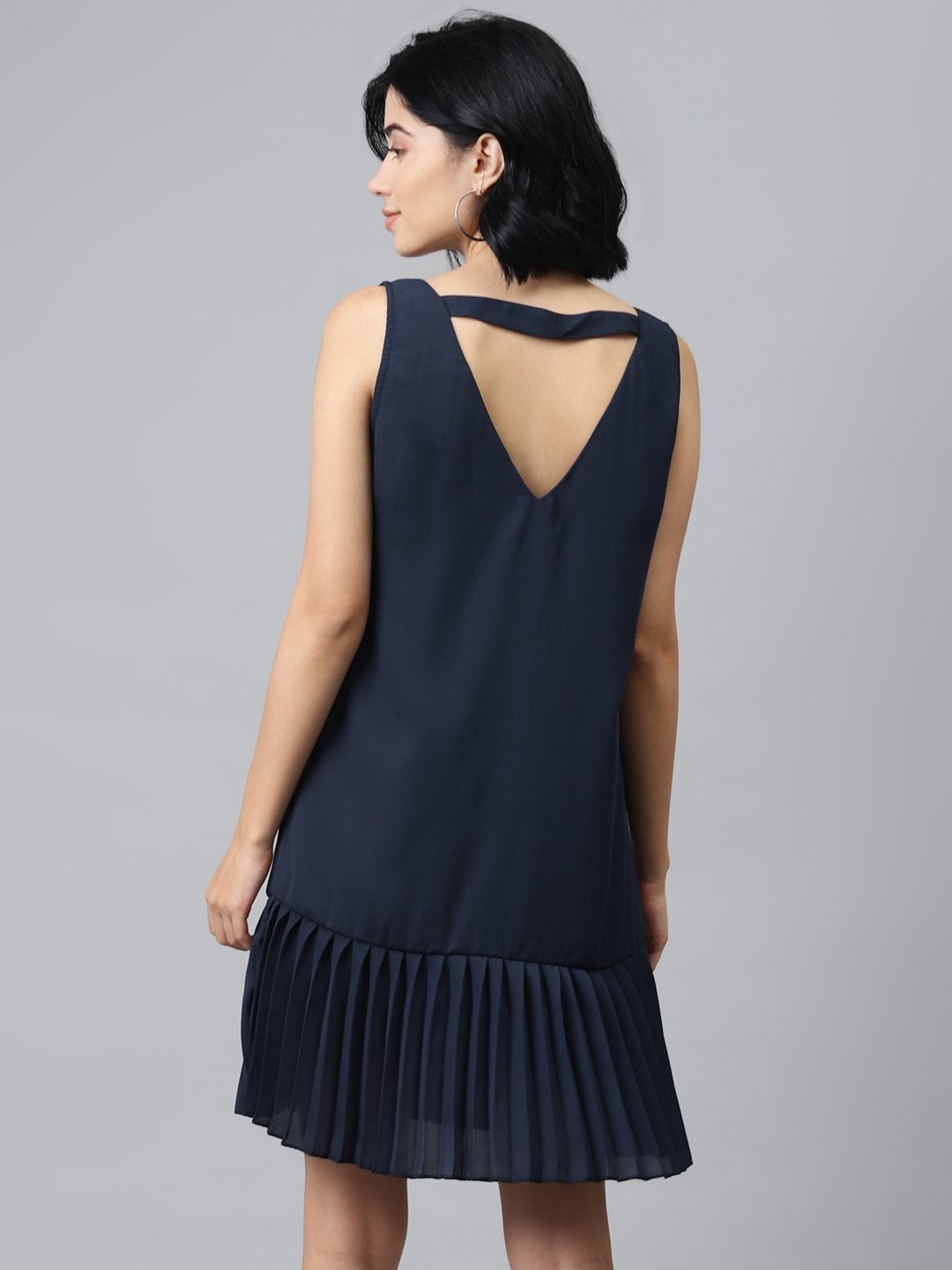 Women's Navy Pleated Frill Hem Dress - SASSAFRAS