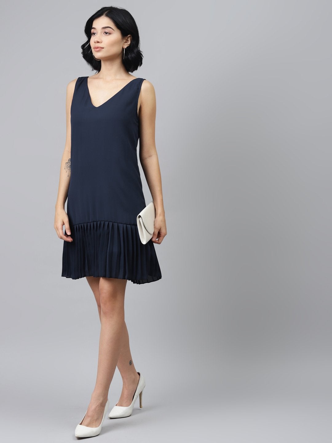 Women's Navy Pleated Frill Hem Dress - SASSAFRAS