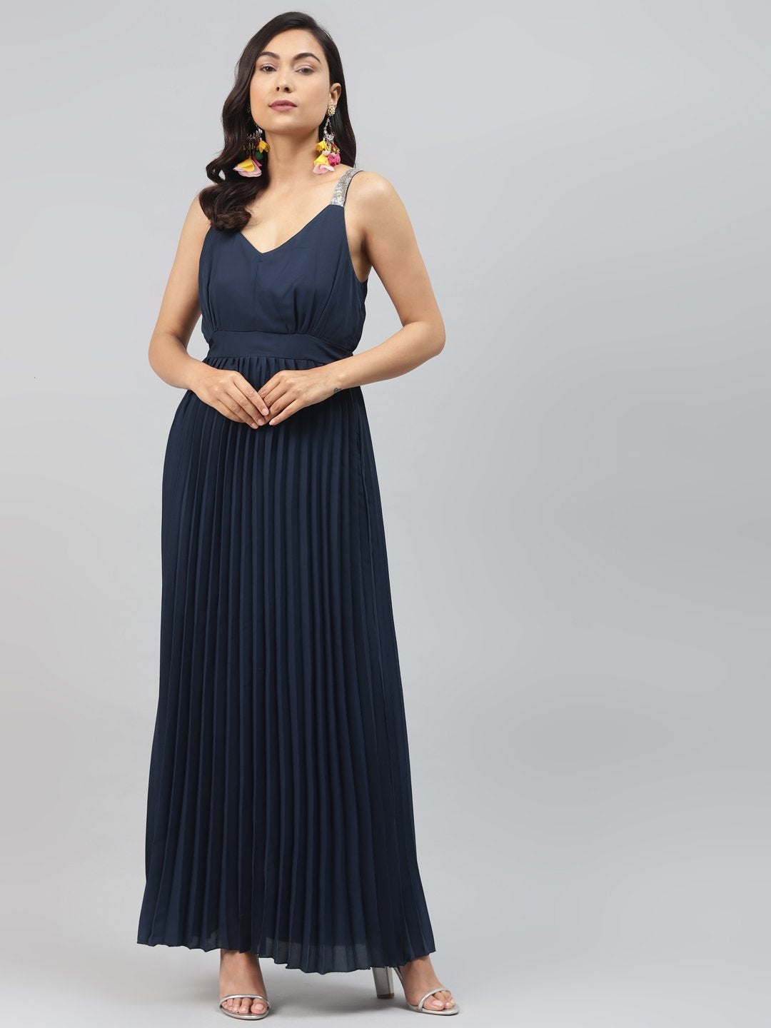 Women's Navy Sequin Straps Pleated Maxi Dress - SASSAFRAS