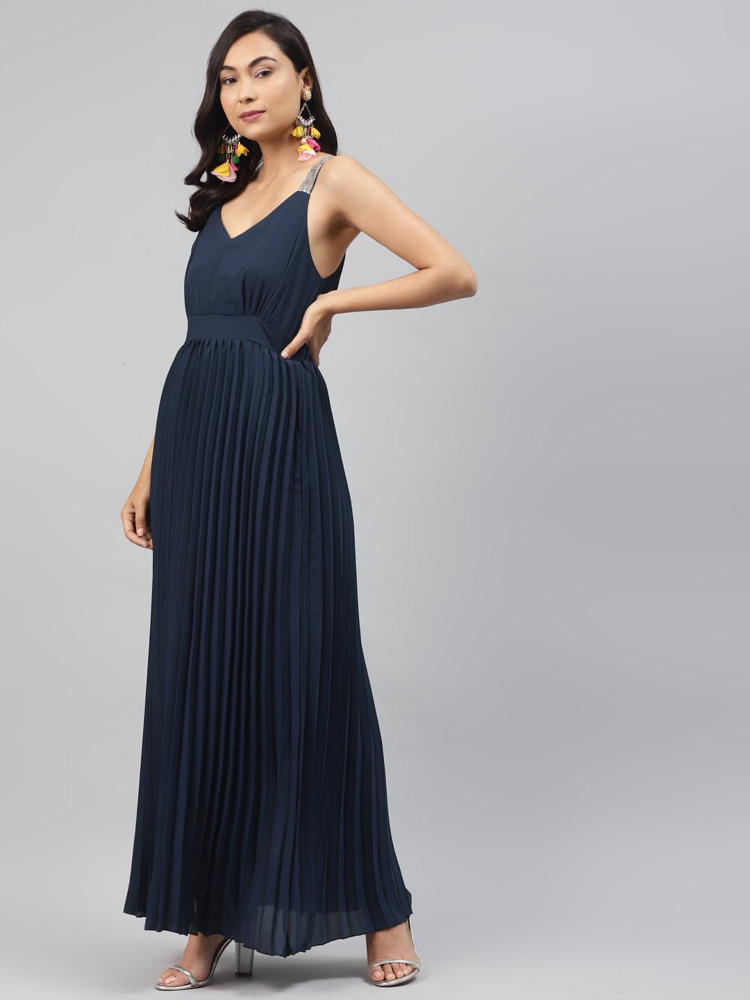 Women's Navy Sequin Straps Pleated Maxi Dress - SASSAFRAS