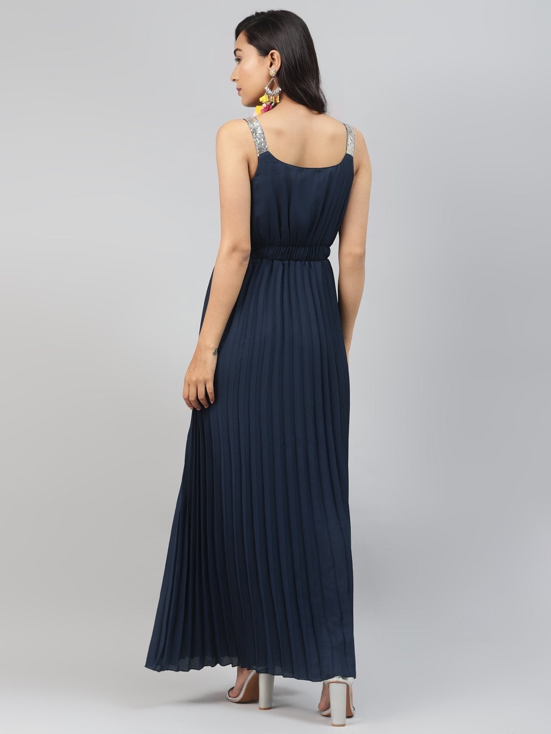 Women's Navy Sequin Straps Pleated Maxi Dress - SASSAFRAS