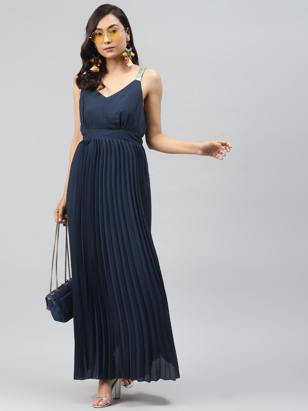 Women's Navy Sequin Straps Pleated Maxi Dress - SASSAFRAS