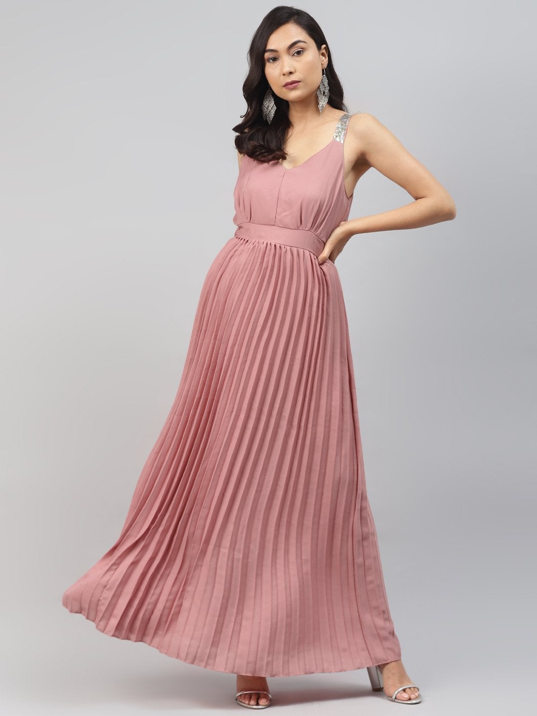 Women's Pink Sequin Straps Pleated Maxi Dress - SASSAFRAS